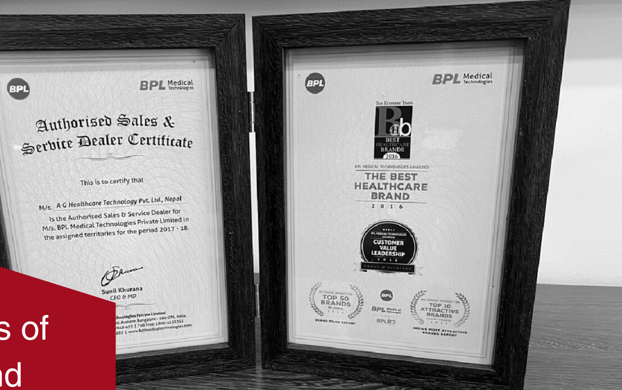 BPL Authorised Sales & Service Dealer Certificate and Best Healthcare Brand Award